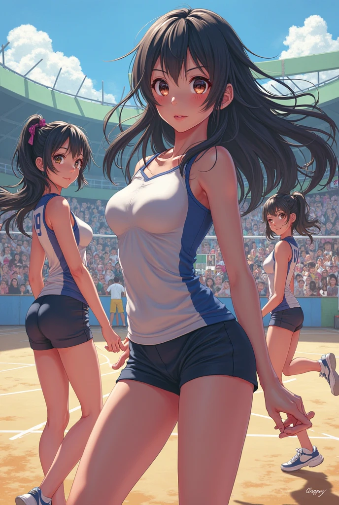 (8K ,hyper-detailing,ultra real photo,Best masterpiece,natural,Perfect artwork,Perfect female body),Sexy female volleyball player、short black wavy hair、super fit volleyball uniform、low chest,open neck collar,Wear volleyball shorts、an sexy、ssmile、Sexy pose on volleyball court,humongous large breast,,Beautiful long legs,Tall figure,Full body photo,