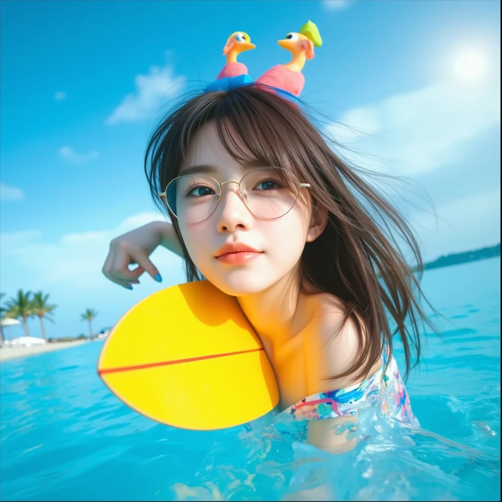 (extra detailed body、extra detailed face、best qualtiy:1.2)、femele、looking at the viewers、(Large colorful buttons on clothes with pink base、Funky clothes with round transparent ornaments、showy、Large hair ornament with lots of pink roses in the hair、a smile、Thick sunglasses with large round edges、)、(Large transparent round space in water、Colorful coral reefs、Colorful tropical fish swimming:1.4)