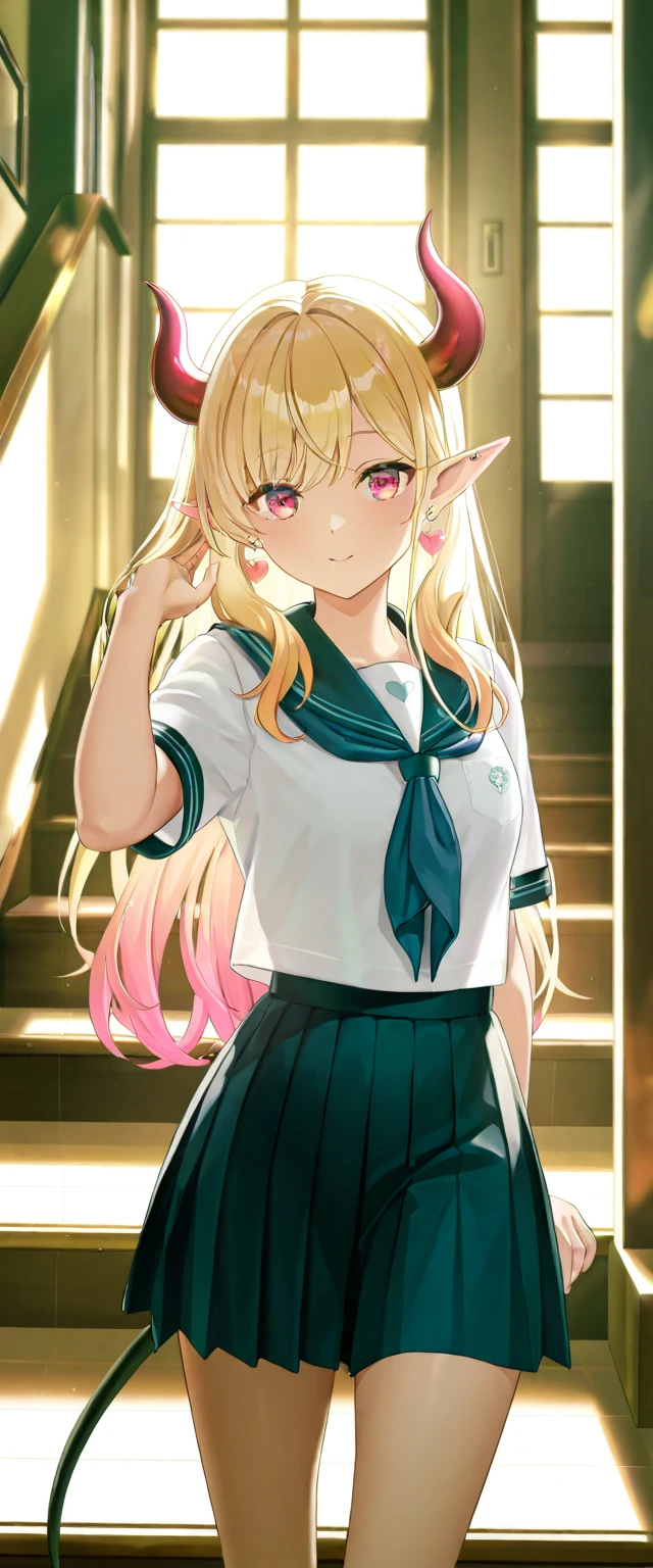 blond hair, red purple eyes, large devil Black horns, gold hair, side parted hairstyle, long hair ,wear one's hair down, Pink heart-shaped earrings on earlobes, A flexible black devil's tail, elf ear, Neat and clean girl, cinematic lighting , soft light , color detail, backlighting, Depth of field, long exposure, light steps,  intricate colors, vibrant colors, school uniform, masterpiece:1.2), (best quality:1.2), (very aesthetic:1.2), (absurdres:1.2), (detailed background)