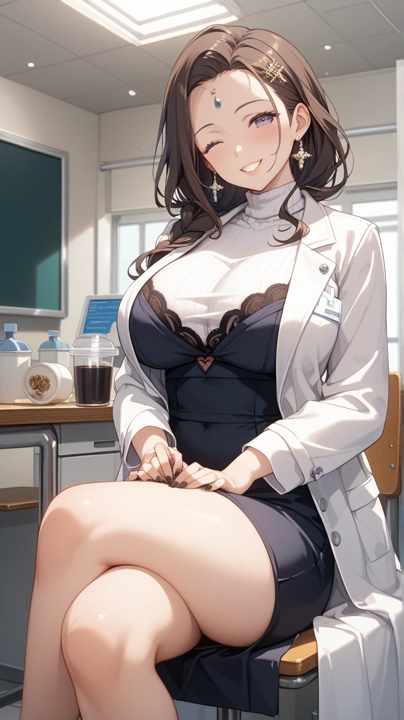 Big, big, perfect body, outstanding style, female doctor, lab coat, emphasis on breasts, arms behind, erotic expression, estrus face, bob, black hair, bangs, infirmary