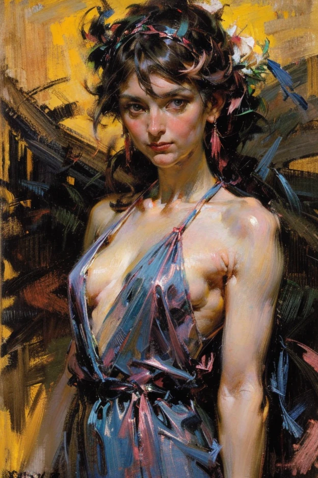 nude art,modern,beautiful female body,subtle lighting,soft shadows,smooth skin,masterpiece:1.2,highly detailed curves,vibrant colors,sensual atmosphere,simple background,artistic composition,pure form,Aphrodite-like elegance,graceful poses,contrast of light and shadow,subtle brushstrokes,delicate textures,museum-worthy,abstract elements,sophisticated color palette,hint of eroticism,strong emotion,expressive eyes,confident body language,emphasized femininity,harmony of lines and shapes,breathtaking aesthetic,implied movement,graceful curves,masterful technique,powerful and captivating,positive body image,natural beauty,human form as art,celebration of the female form. Create an abstract piece that captures the tumultuous emotions of a particular moment in time. Use bold brushstrokes, swirling patterns, and contrasting colors to convey the intensity of the emotions. strong warrior princess, centered, key visual, intricate, highly detailed, breathtaking beauty, precise lineart, vibrant, comprehensive cinematic, Carne Griffiths, Conrad Roset, (the most beautiful portrait in the world:1.5) Imagine the universe as a vast symphony of colors and shapes. Create an abstract representation of the cosmos, using swirling galaxies, nebulae, and celestial bodies to evoke a sense of wonder and awe. Incorporates a blend of watercolor and , maximalism artstyle, geometric artstyle) Incorporate vibrant colors, dynamic brushstrokes, and intriguing textures to capture the essence of the subject's inner world, capturing a surrealist vision, Perfect centralization, Um caozinho bonito ruivo por toda parte, Usa uma jaqueta,