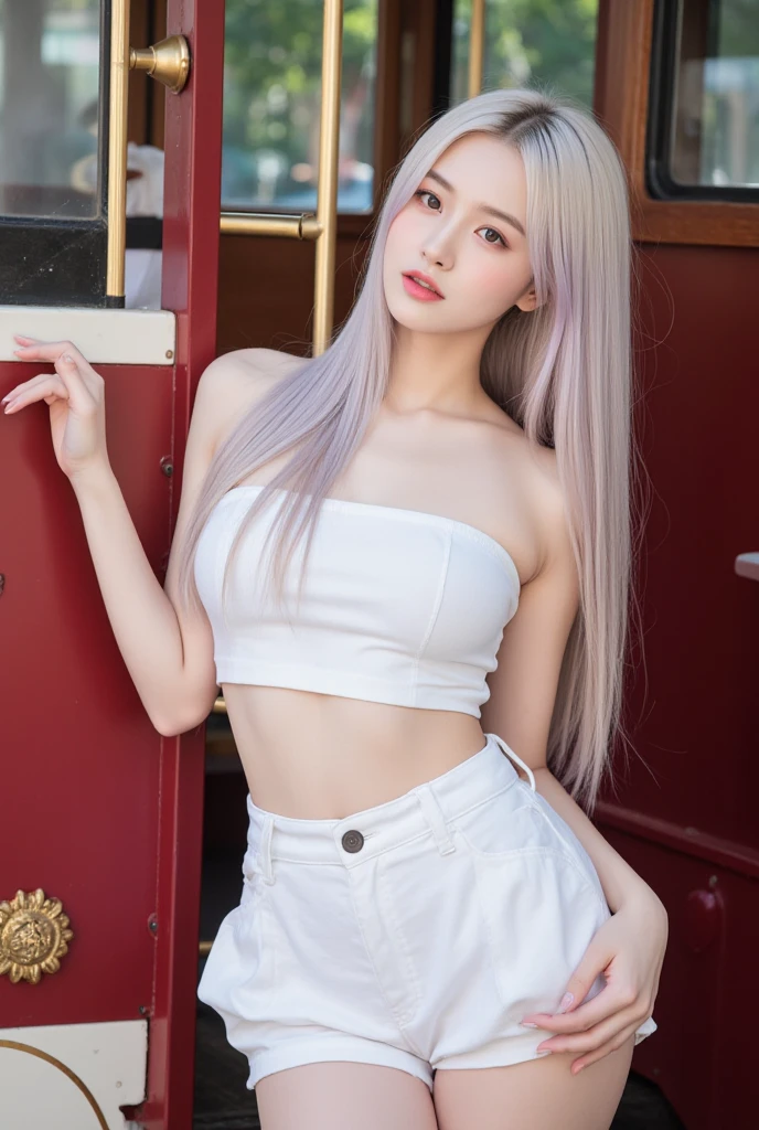 Asian girl with light pink eyes.
super white and long hair,stands on the balcony of her luxurious