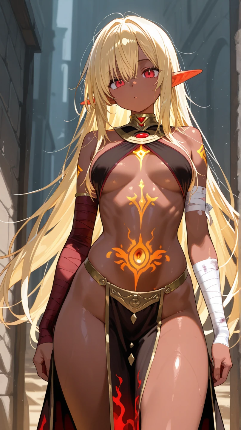 standing beautiful young woman, low angle framing, spread legs, transparent thread thong, topless, long waving golden hair, ponytail, red long scarf, big earrings, pantyhose, cyberpunk cavern background