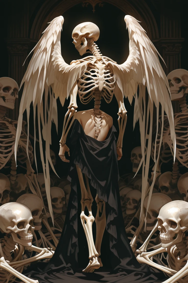 (masterpiece), (High resolution), (Very delicate), (masterpiece: 1.2, Highest quality),Perfect Anatomy、Darkness, An angel standing in the darkness、The girl who guides the dead to heaven、Cute face、Expressionless、 scribble, nightmare, Doll-like face, Manga Style, rough sketch, Manga Styleイラスト, Japanese painting, whole body,(snap shot), Flat Illustration, Creepy Appearance, Unique atmosphere、BREAK、There are several skeletons lying on the ground、