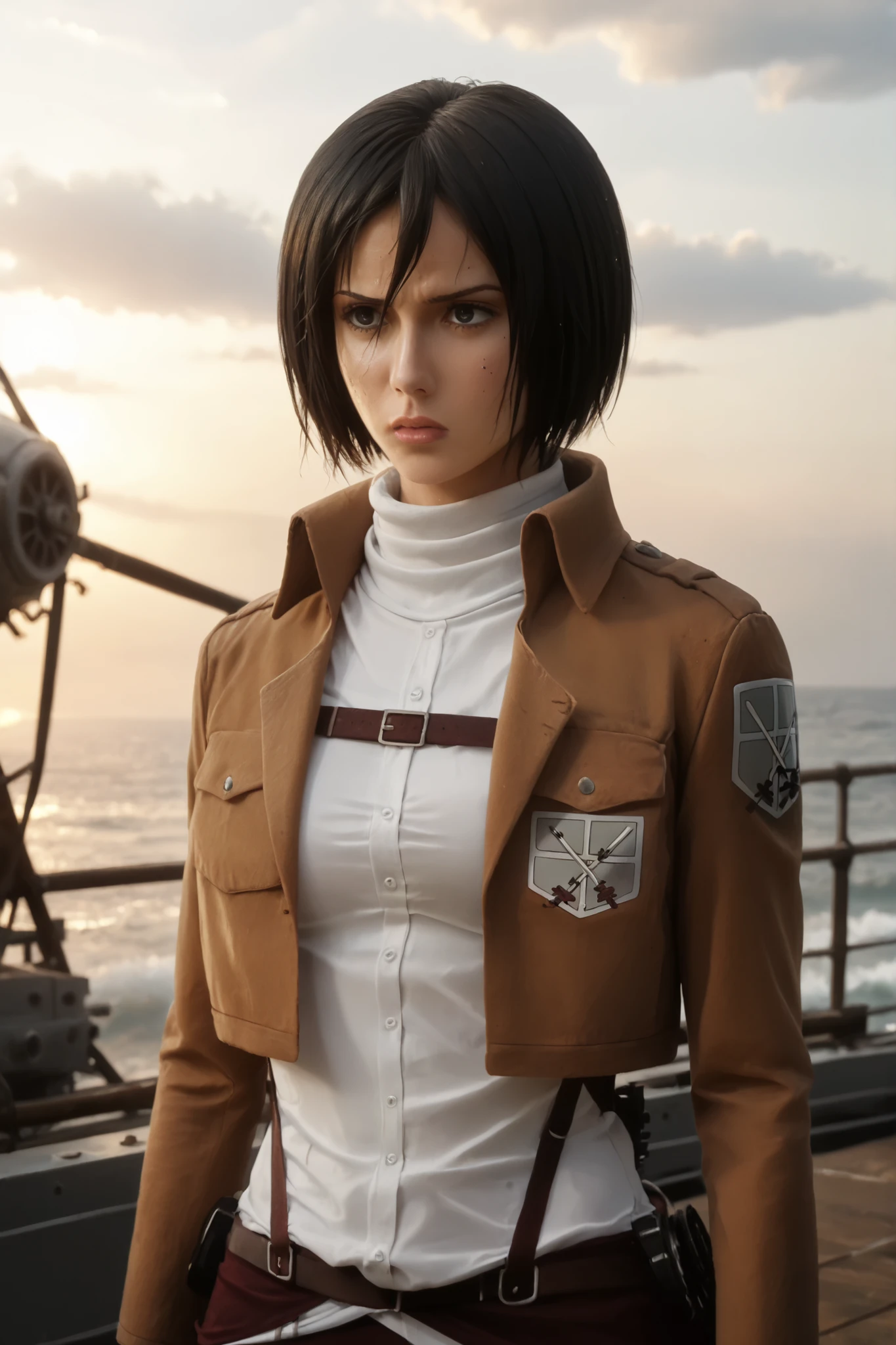 Here’s a highly detailed, photorealistic prompt for **Mikasa Ackerman** (though she’s from *Attack on Titan*, not *One Piece*) standing on a ship in a cinematic, ultra-realistic style:
---
### **Prompt:**
**"A hyper-realistic, cinematic portrait of Mikasa Ackerman from *Attack on Titan*, standing on the deck of a massive warship at dusk. She wears her signature Survey Corps uniform—a fitted black jacket with the Wings of Freedom emblem, dark green cape billowing in the wind, and brown leather straps securing her vertical maneuvering equipment. Her toned, athletic physique is evident, with defined muscles in her arms and a slender yet powerful frame. Her jet-black hair is cut in a sharp undercut style, slightly tousled by the sea breeze, with her bangs framing her piercing steel-gray eyes, which burn with quiet intensity. Her lips are set in a firm, determined line, exuding unwavering focus.**
**The golden light of the setting sun casts dramatic shadows across her face, highlighting her sharp jawline and flawless, slightly tanned skin. Every detail is rendered in ultra-HD: the texture of her fabric, the scuffs on her leather gear, the individual strands of her hair, and the reflective metal of her blades. The ocean waves crash against the ship’s hull in the background, with mist spraying into the air. The composition is a dynamic portrait shot, with a shallow depth of field emphasizing Mikasa’s intense gaze.**
**Masterfully lit in 16K Ultra HDR, with photorealistic skin pores, fabric wrinkles, and environmental details. A cinematic masterpiece, evoking the atmosphere of a high-budget live-action adaptation, ultra-detailed and lifelike."**
---
### **Additional Keywords (for refinement):**
- *"Ray-traced lighting, subsurface scattering for skin, 8K textures, dynamic wind effects on cape, ultra-fine fabric stitching, photorealistic metal reflections, atmospheric haze, wet ocean spray, ultra-sharp focus on eyes, battle-worn details."*
Would you like