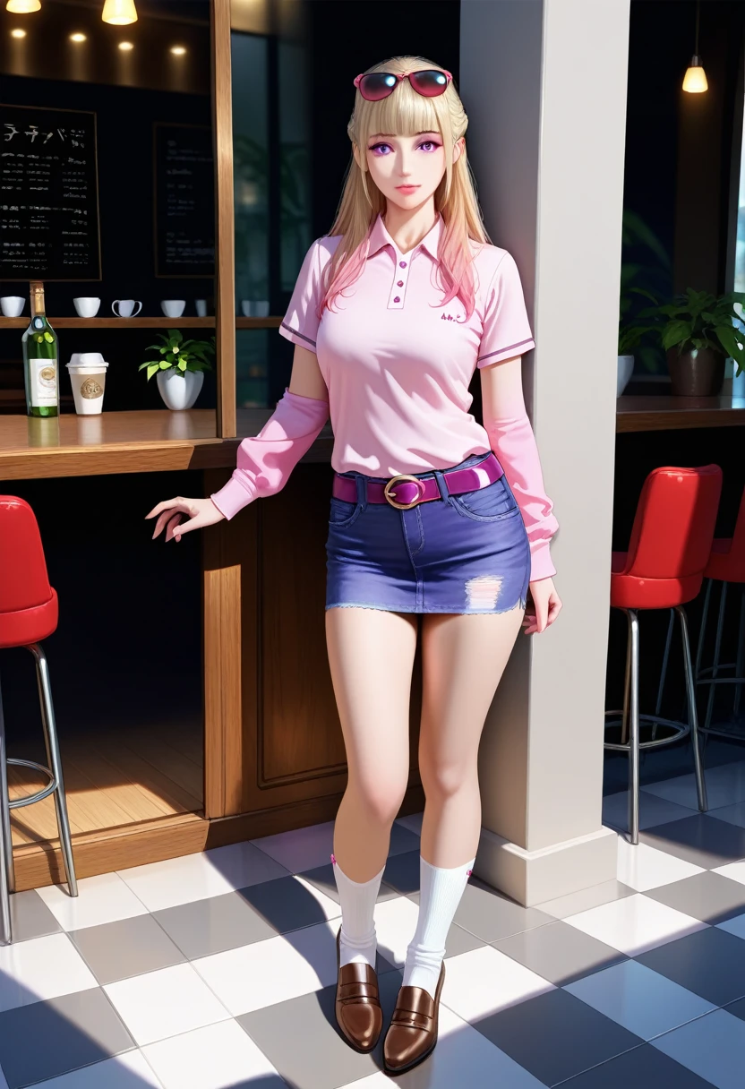 ultra high definition, highres, very detailed, animatronic housewife, blond hair, blue eyes, pink shirt, pink hairband, jeans, glowing eyes, standing erect, nsfw