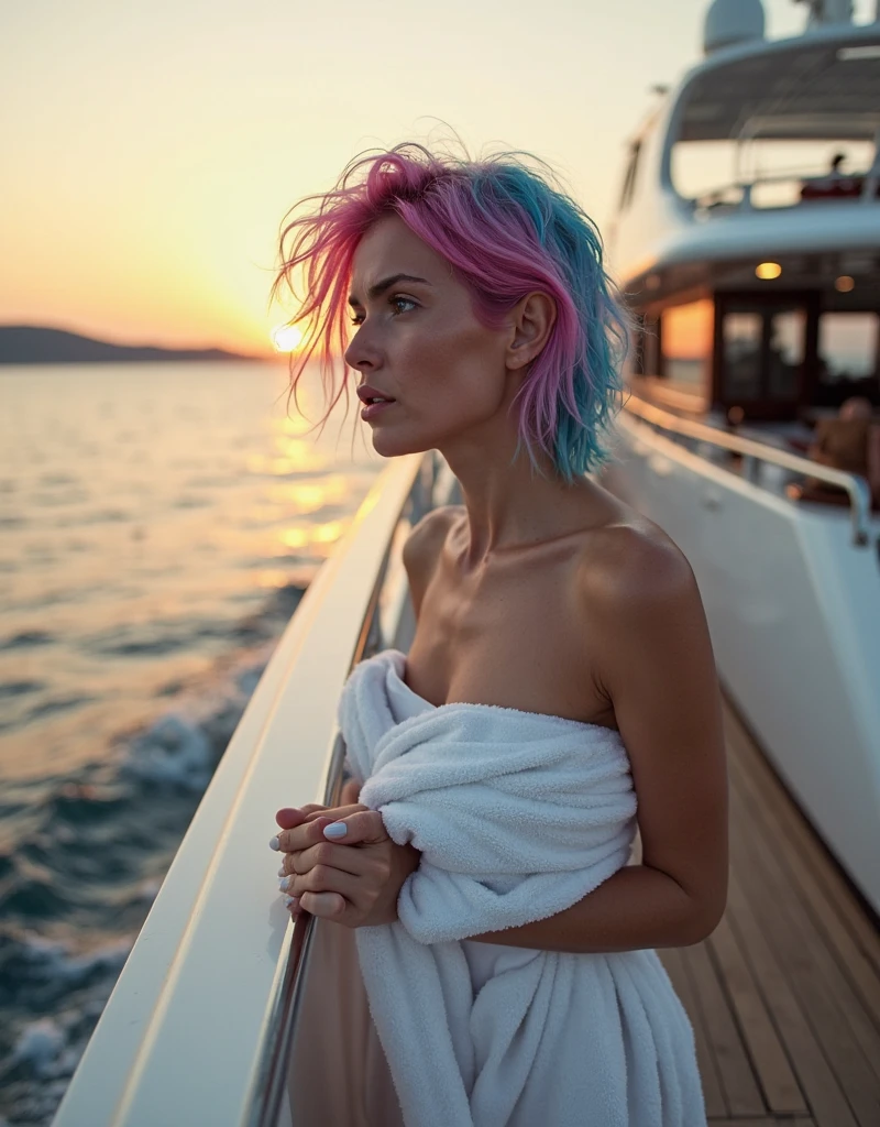Envision a tranquil scene where a woman with (short pink hair) is sailing at sunset. She's at the helm, her (nautical white and navy-striped sweater) fluttering in the sea breeze against the backdrop of a tangerine sky. The camera captures her profile in a medium shot, the golden sun reflecting off the water’s surface. The warm, ambient lighting bathes her in a soft glow, highlighting her calm, focused demeanor. This image reflects the freedom of the sea and the peaceful end to a day of sailing