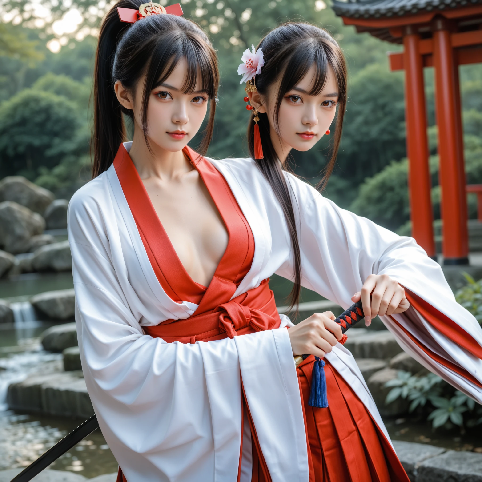 ((masterpiece,Highest quality)),Two Women, Large Breasts,Moist eyes, black kimono, Black legwear, black ribbon, Black Hair, cherry blossoms, Day, flower, Hair Bun, hair ribbon, kimono, kimono, Long Hair, View your viewers, Recall , Multiple Girls, belt, Outdoor, Red eyes, Redhead, ribbon, Sandals, Single Pan, stage, Are standing, picture, torii, wood, white kimono, Yellow Eyes, Large Breasts,Moist eyes, Red eyes,Sexy Body