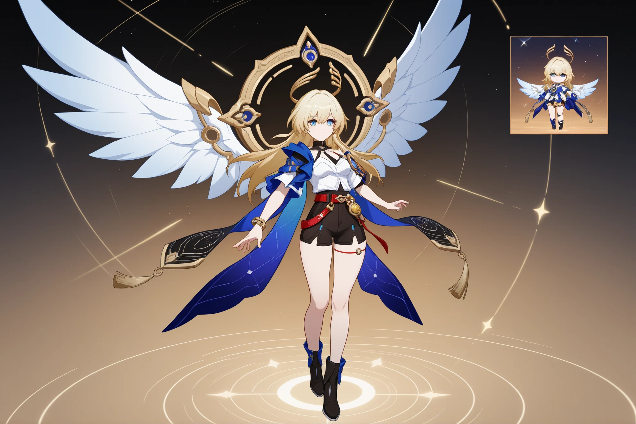 girl, blonde, blue eyes, long hair, Honkai: star rail, Electro , path exploration, traveler, big white wings, Star wanderer, concept art, Character, emanator, black shorts, big blue cape, wide red belt