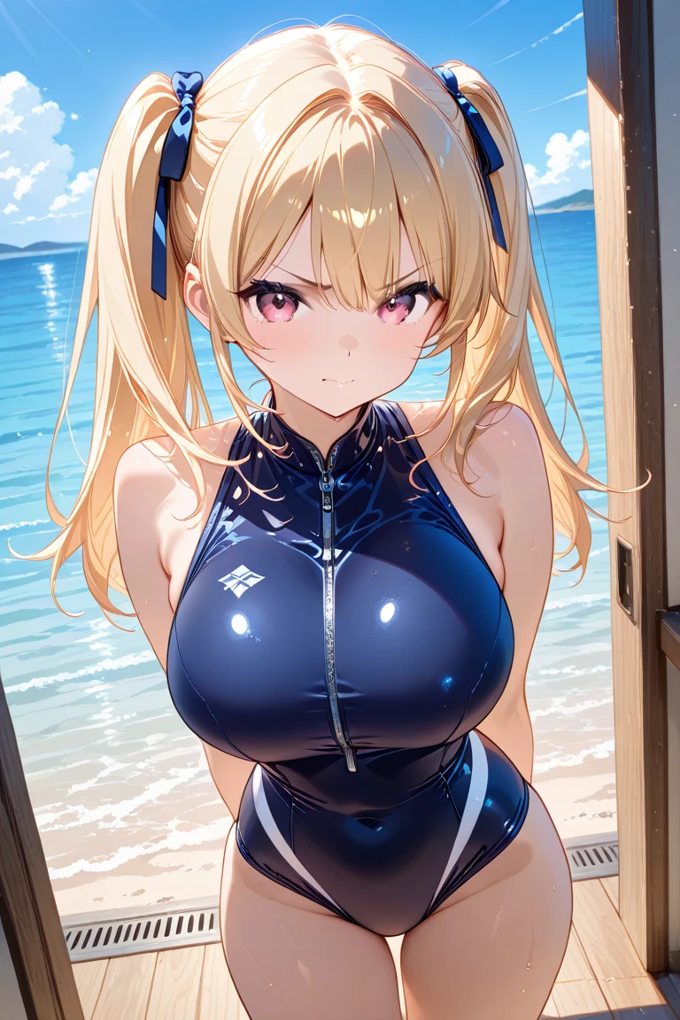 (RED Ribbon on HAIRband:1.2),aikatsu,masterpiece, best quality, ((beautiful detailed eyes):1.3), old, RED eyes, Blonde hair,Straight hair, leg hair ribbon, RED headband,large_boob, ((tight brilliant shiny competition swimsuit:1.2, plunking neckline, plunking navel, cleavage)), ((extremely delicate and beautiful fabric):1.3), looking at viewer, ((gravure pose, crossed arms, under breasts)), seductive_orgasm smile, blush, slender, slim, (indoor pool, pool lane, swimming pool, competition pool, pool starting block, swimming building, water, water surface, daytime, window, sunlight, (in the pool):1.2), very clear, ((masterpiece, best quality, ultra-detailed):1.5), ((an extremely delicate and beautiful)), ((((illustration)))), (realistic:0.6), (extremely detailed skin), ((ultra-detailed:1.35)), (detailed fingers, absurdres, intricate, (1girl), ((solo)), ((glistening skin)), (((oily skin))), ((wet skin)),