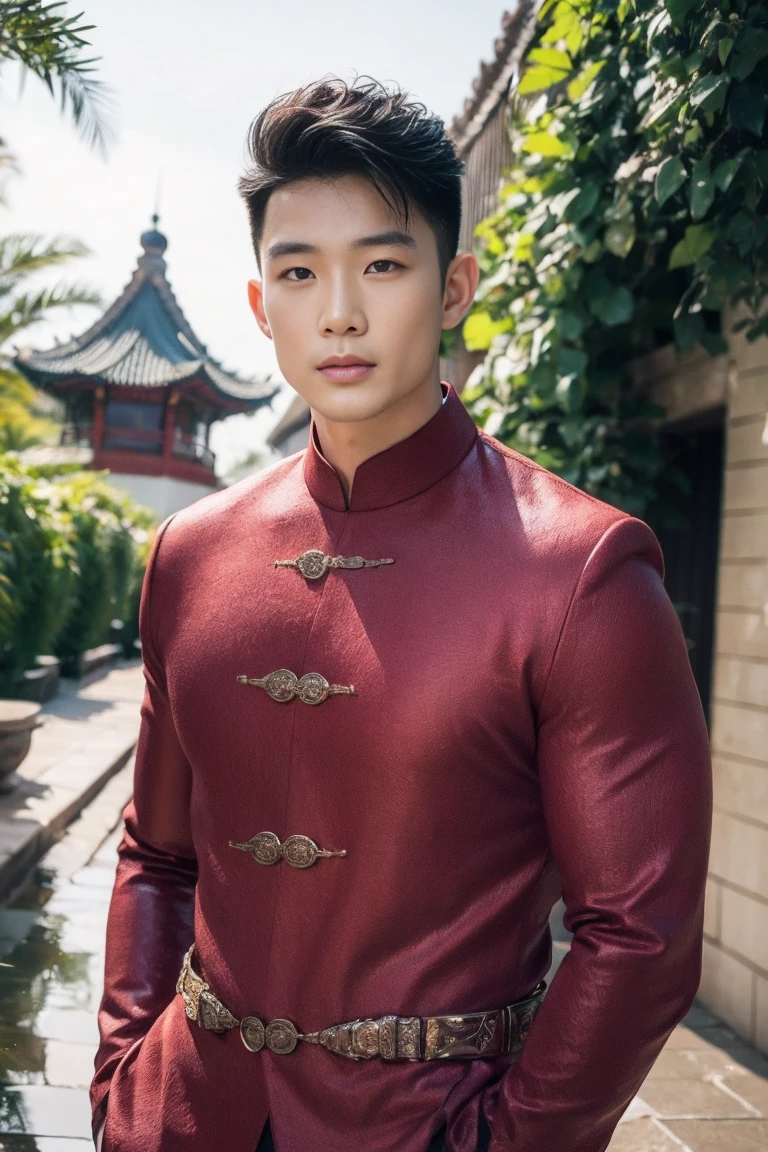 young boy,one person,Male,Gay,Chinese,Handsome face,thin muscular body,Wear a pure white traditional Chinese dress.,Not wearing pants