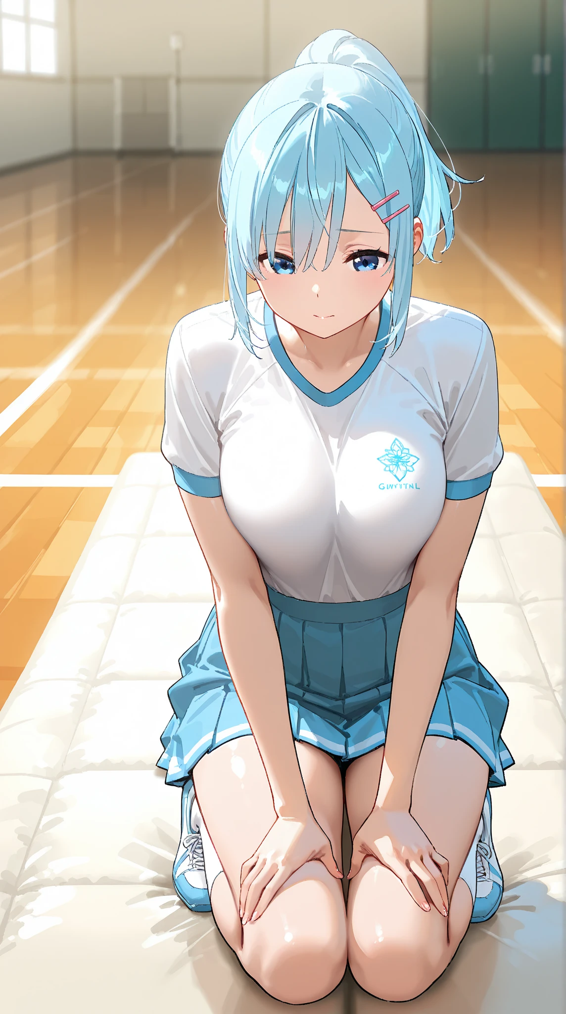 mastute piece,Best Quality,insanely detailed,8k cg,nsfw,
(shoot upper body:1.3),
(1girls:1.3),standing,looking at viewr,body in front,both arms behind back,(badminton-uniform:1.3),(bare breasts:1.2),(bare nipples:1.2),
break,
blush,shy,(??????? face),(trembling:1.2),break,(light blue hair:1.3),
break,
perfect breasts,perfect teats,(open mouth:0.9),(large breasts:1.2),
(badminton-court),