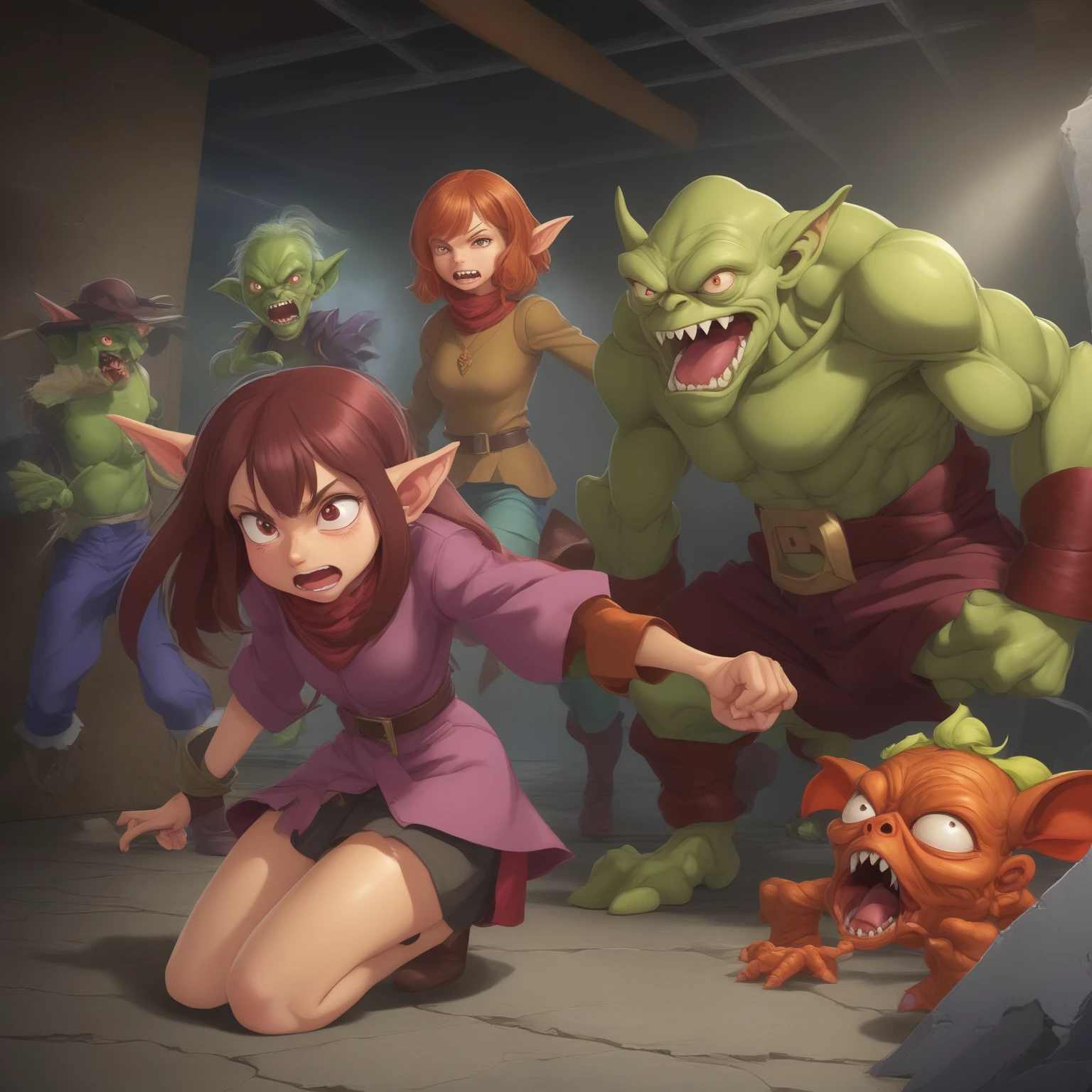 1 mature female,25yo,cleavage,(female wizard surrounded and attacked by multiple goblins during a battle),(Heinous estrus goblin),(red blush,crying),((torn gorgeous wizard dress:1.2)),(attacking magic,fire ball),dynamic pose,dynamic angle,no panties,(from below:1.2)