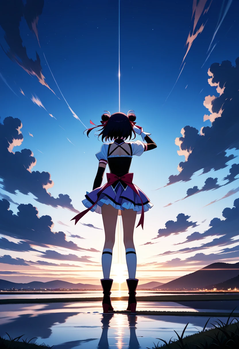 masterpiece, best quality, ultra-detailed, illustration,bandaid,matoi_ryuuko:1.3, bandaid_on_face,1girl,black_hair,injury,bandaid_on_leg,bandages,bandaid_on_nose,suspenders,multicolored_hair,bruise,skirt,bandage_on_face,short_hair,red_hair,serafuku,streaked_hair,midriff,bandaid_on_knee,senketsu,solo,pleated_skirt,full body, hand on hip,sun set:2,ocean:2,depth of field, cloudy sky, view at the back, Kamakura,handrail, water reflection