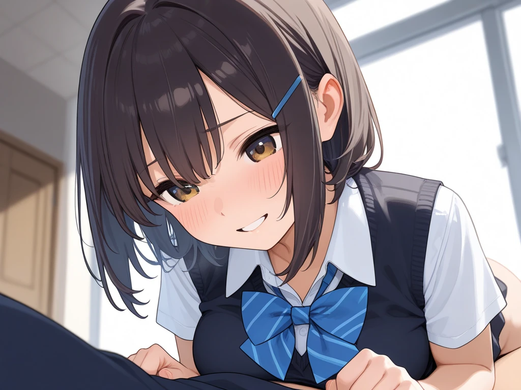 looking ahead,from above,slouch,handjob,side view,face focus,open mouth,tongue out,cum on tongue,Licking the penis,(1girl,Beautiful 14 year old girl),((Slender,Small breasts,Baby Face,Small face,)),looking at viewer,Black Hair,bangs,two side up,Gray Eyes,Drooping eyes,slit pupils,narrow eyes,,Short sleeve shirt,Checked tie,Checked mini skirt,Beautiful and detailed anime art,Mischievous smile,Dimly lit room,Simple Background,Gray background,Low lighting