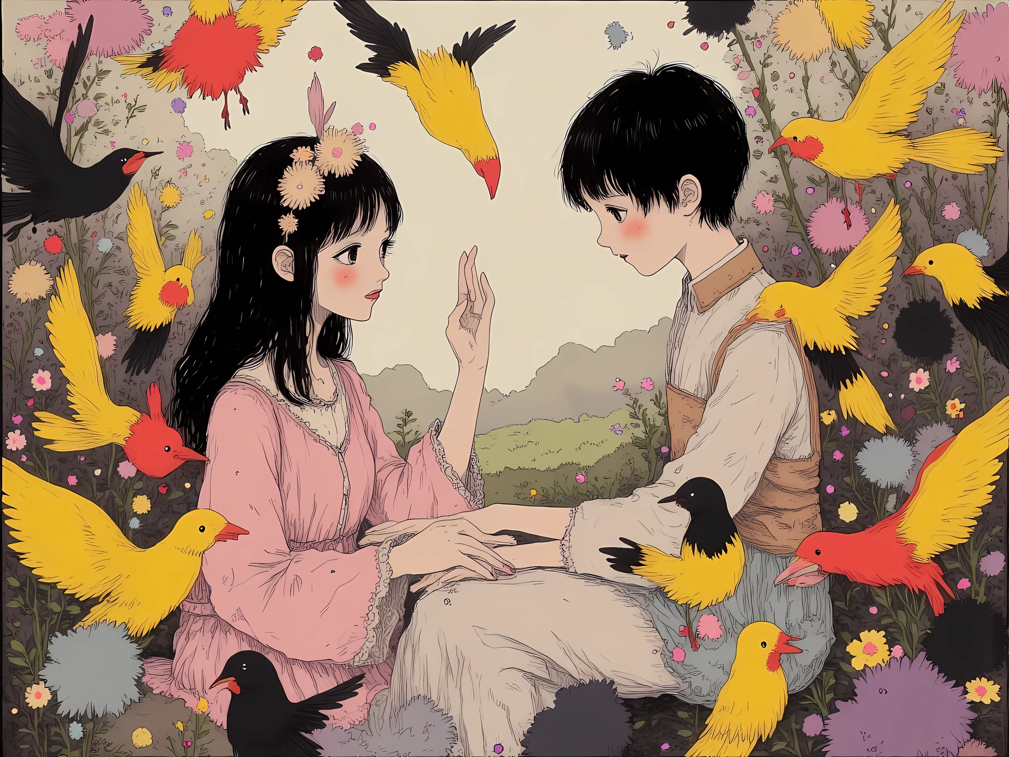 Anime girl and boy,speaking birds Yellow red black.
