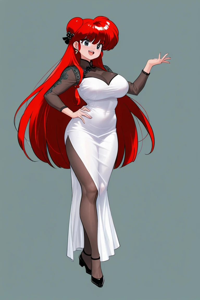 cutout dress, <lora:Cutouts-V1:1>, cleavage, 1girl, supermodel, woman, breasts, auburn long hair, masterpiece, best quality, shoes, full body, white background, studio, looking away