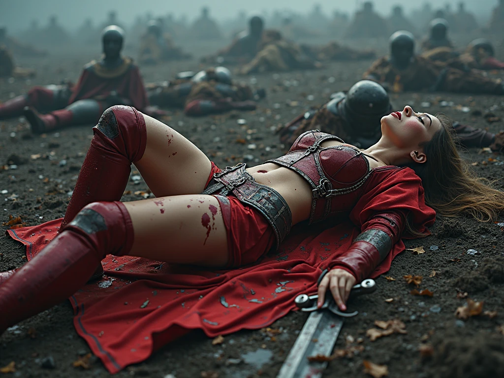  Asian fighter women dying, almost die, died laying at the battle ground blood spurt out from her wound, naked, nude, death by stabbed at her chest, stabbed chest, with a sword, the sword stuck at her chest covered of blood body, blood spurt out from her wound