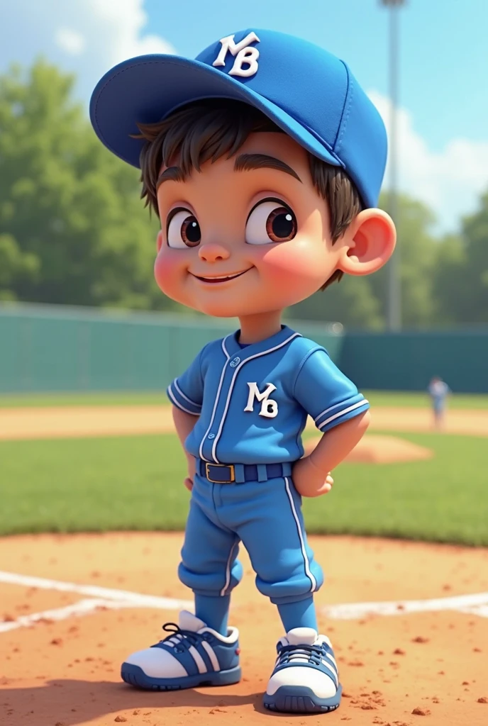 Pixar style image of a boy playing with a baseball glove. light brown boy, the boy throws a ball up, the boy is running, the boy is smiling, The boy has a black shirt with the Batman logo on it., the boy has a blue helmet.