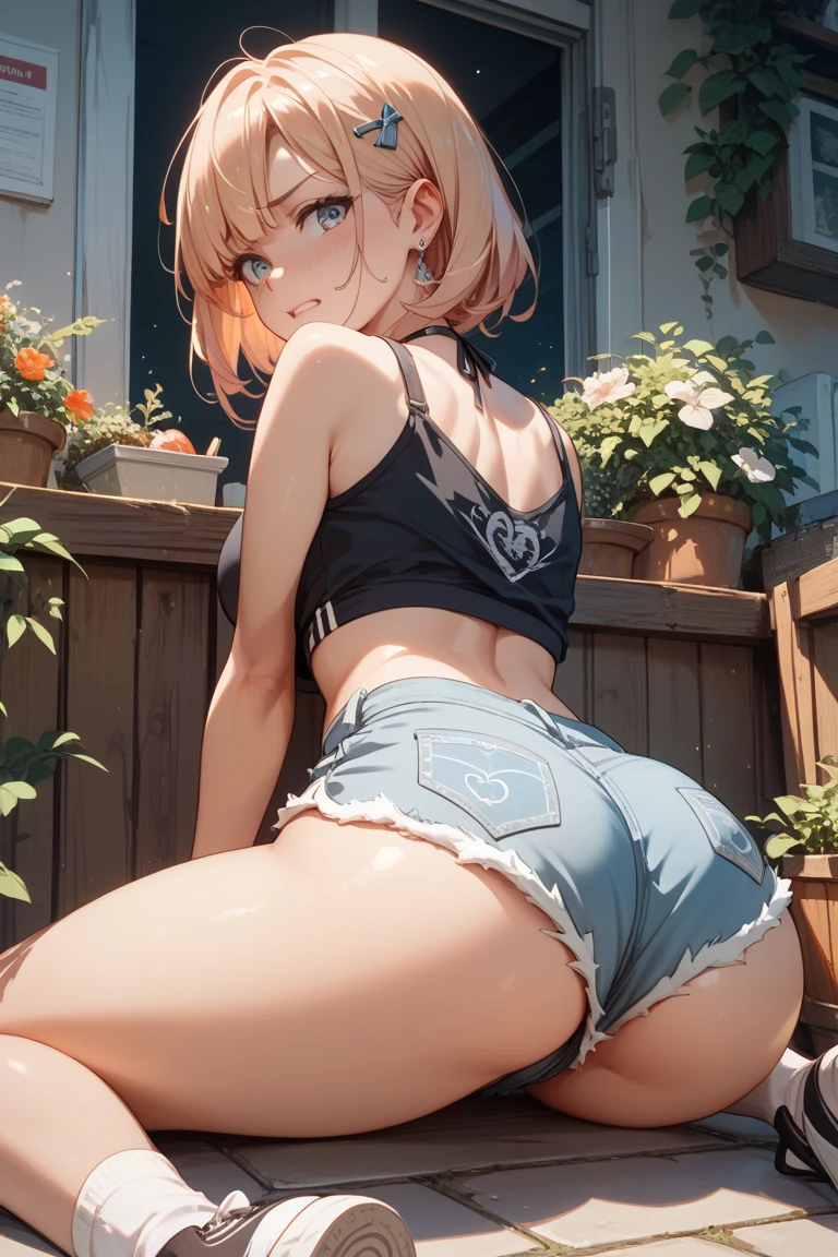 pieces fly、highest quality、High resolution、nffsw、perfect pixel、1 girl、cute、perfect body、anatomically correct、beautiful eyelashes, realistic eyes、smile、((Clear pink heart print bra))、((Clear pink heart pattern panties))、wearing only underwear、smooth texture:0.75、outdoor blue sky、I can see your pants、I can see your bra、Bright overall、cinematic light、black hair、brown eyes、angle from behind、Turn your buttocks towards you