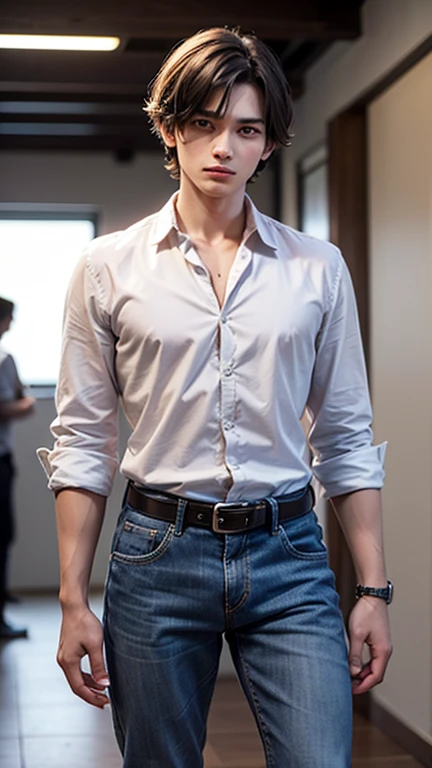 (masterpiece), best quality, expressive eyes, perfect face,young man having long legs thick thighs large hips thin and narrow weist wearing, jeans, formal shirt, moon night garden flowers, very small spikey boyish haircut, boy , boy, wide hips, very wide hips, muscular body, , tugged in, very very wide hips, huge large penis_bulge, smile, big large, very wide hips, very very wide hips, boy, full body, wide very wide hips 