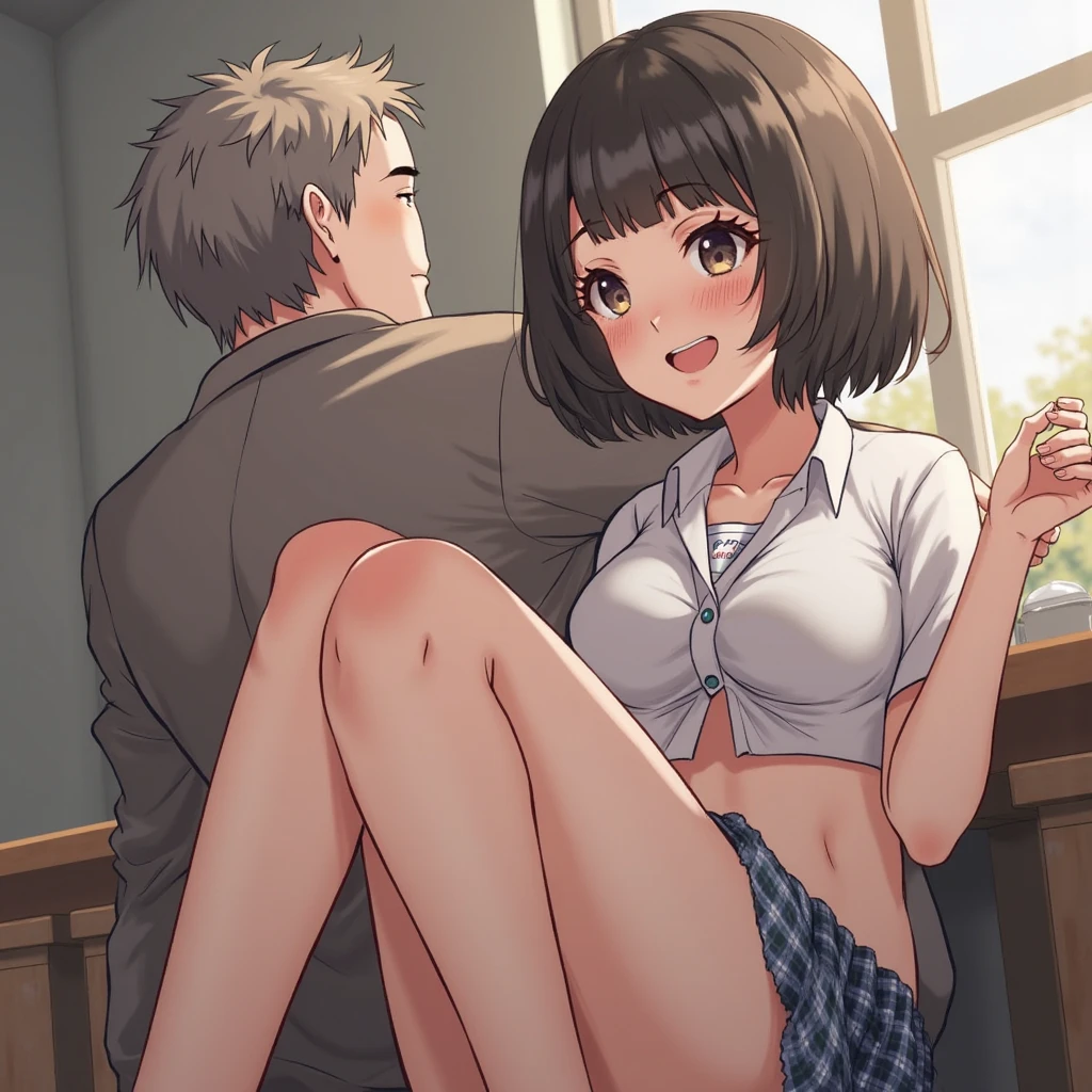 A naked middle-aged man forces a cute girl with a modest black bob haircut and modest pubic hair, crying and groaning, onto his lap and has sex with her.、classroom