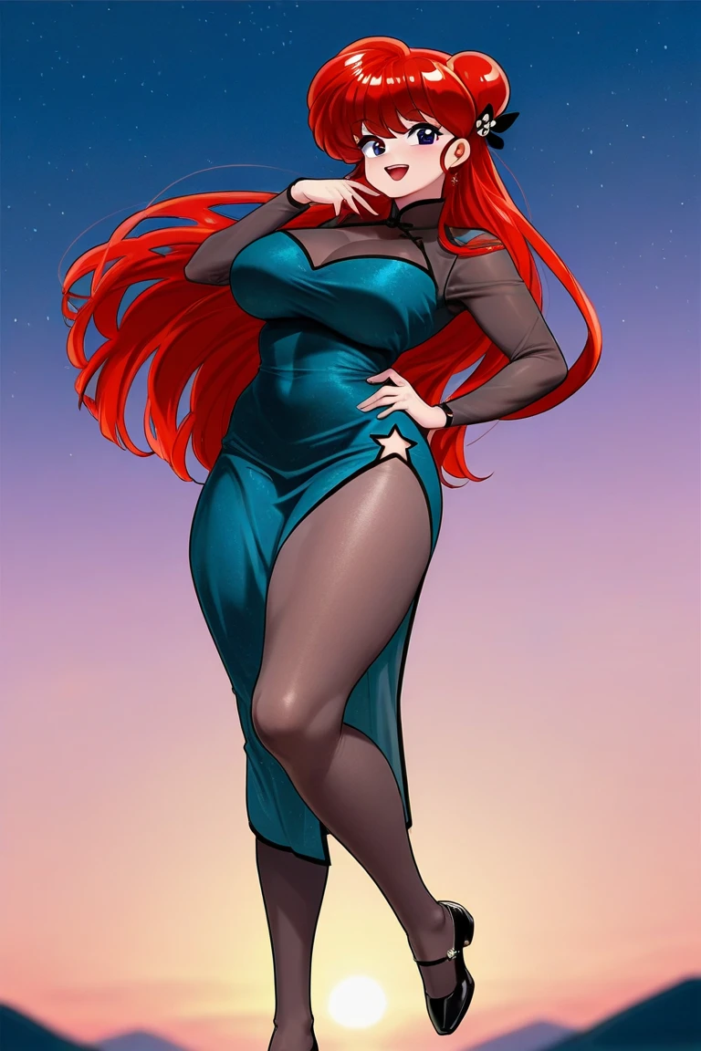 an Asian woman big breast beautiful sexy attractive long curly red hair behind her blue eye big eyelash wide black medium red lip dresses black kimono tied knot shows navel and tight black pants black heel