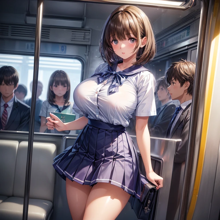 (a cute girl), ((top gravure idol, 16 years old):1.1), ((shiny brown french twist hair):1.1),((open mouth,smile ,looking at viewer):1.1), ((school uniform, shirt lift, beautiful pink pleated medium length skirt,school bag,lacy bra and panties):1.2),((black thigh highs):1.1),((standing,skirt lift ,hand on hip):1.2), ((she is surrounded by passengers,on crowded train):1.3)
BREAK
((beautiful big breasts and big bottocks, narrow waist):1.2),(photorealistic:1.1), (detailed skin:1.2),(radiant colors:1.2), ((Best quality, 4k, Masterpiece, UHD):1.2), ((sharp focus, professional cinema lighting ):1.2), ((shot from below):1.4)
