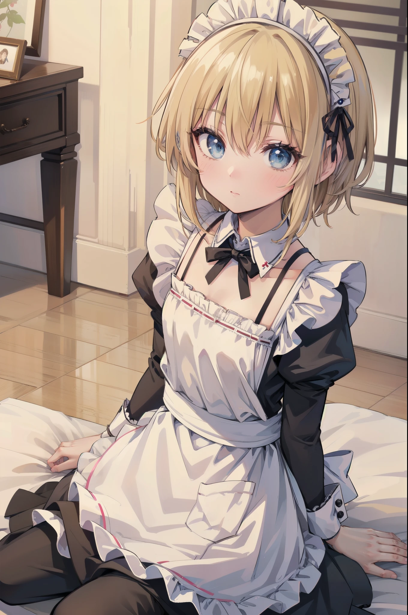 Gently stare, by krenz Cassiato , is sitting, Asuka, Asuka, Anime Styleイラスト, Official Art, high quality anime-style art as a model, high resolution, Anime Style, (maid clothes:1.6), (face close-up:1.2), (NSFW:0.8), ( blond and blue eyed), head accessory, (flat chest:0.9),