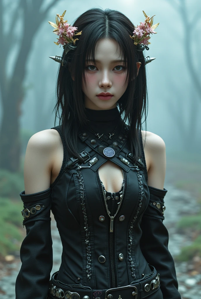 (Girl in the garden,)Dark, mizore, Gothic girl, Seductive gaze, of taiwanese girl with tattoos, Black leather jacket, Korean girl, Black bra, signatures, Long silver hair，Seductive style, seductive cyberpunk dark fantasy, Sexy outfit, Seductive girl, Extremely sexy clothing, Asian girl, Charming Chinese model, Sexy hot body, Seductive gaze shots, character is standing, submission, full body shot of. (Best quality, 4K, 8K, A high resolution, Masterpiece:1.2), Ultra-detailed, (Realistic, Photorealistic, photo-realistic:1.37), hdr, hyper HD, Studio lighting, Ultra-fine painting, Sharp focus, Physically-based rendering, Extreme detail description, professional, Vivid colors, Bokeh, sportrait, An enticing color palette, Dramatic lighting.