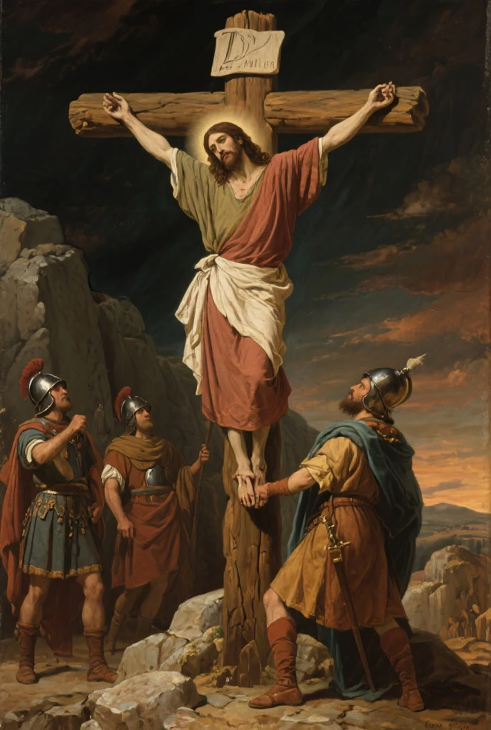 Por favor, create an image of a man hanging on a cross, beyond Jesus, an expression of suffering, with Roman soldiers around you, and people looking around, a scene seen from middle distance, with details that refer to the historical environment. ultrarealistic, oil painting, 8K.