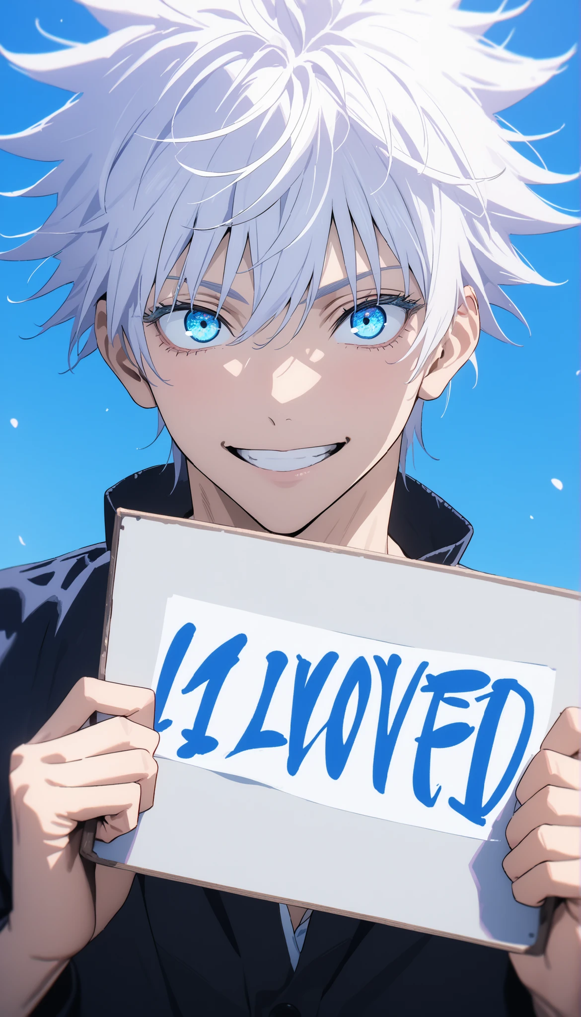 8k,masterpiece,highest quality,Man,alone,Gojo Satoru,blue eyes,white hair,smile,Hold a sign with a phrase"I Loved",blue background