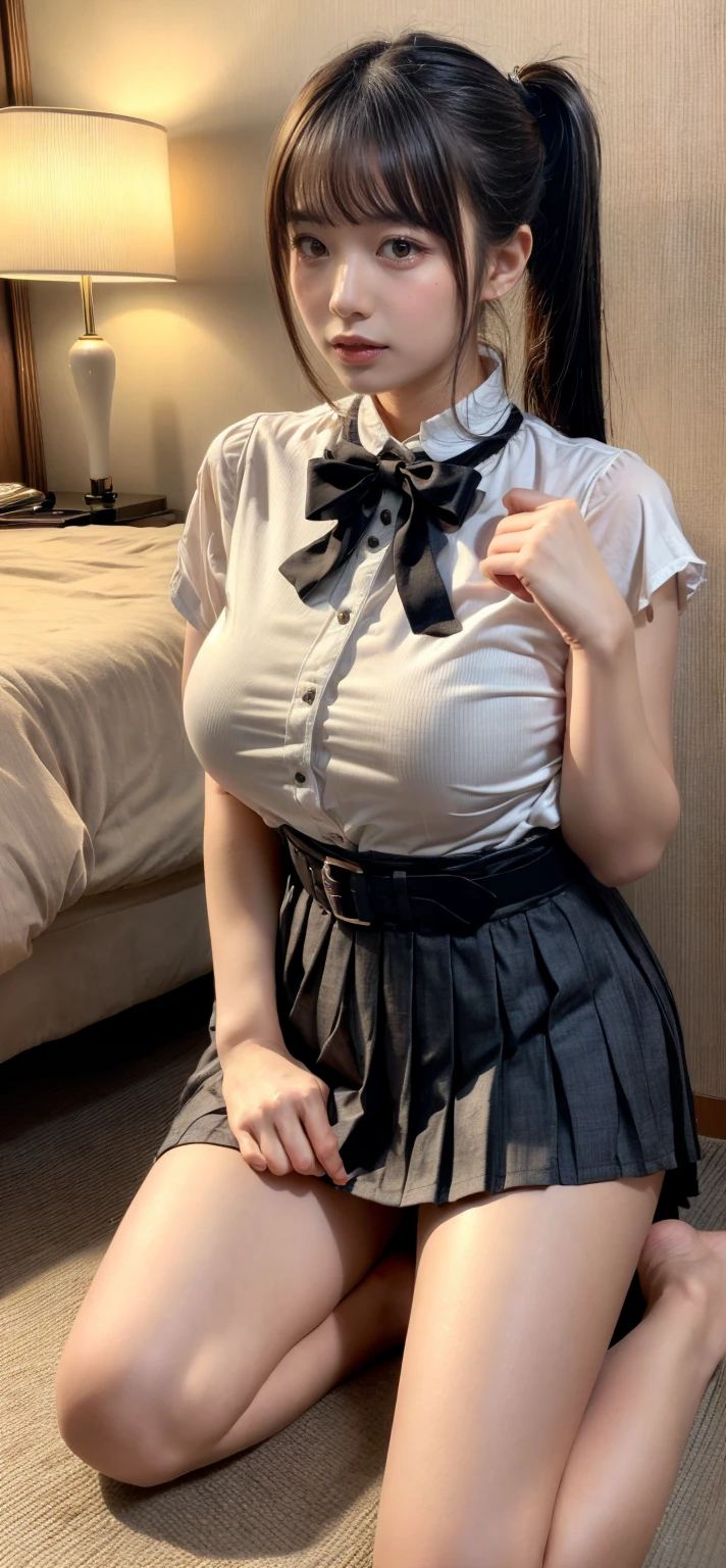 muste piece, best quality, illustration, Super detailed, fine details, High resolution, 8K,wall paper, perfect dynamic composition,(Details High quality, realistic depiction of eyes:1.3), (collared shirt:1.1), pleated skirt, knee high socks, Lying down, large breasts, straight hair, black hair color, Big Natural Color Lip, bold sexy pose, (perfect body shape), crying a little、cold gaze, Harajuku style、20 year old girl、cute type、lolita、beautiful legs, hotel room, hposing Gravure Idol, Voluptuous thighs, large hip