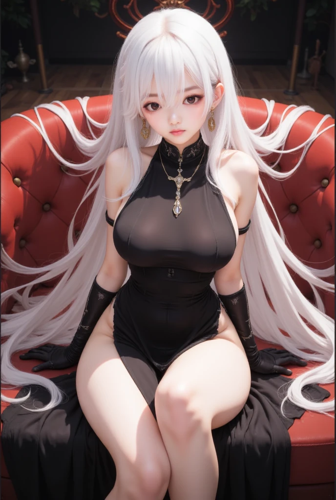(masterpiece, top quality, best quality, official art, beautiful and aesthetic:1.2), (1girl:1.3), (Airy), (bravely default), white hair, extremely detailed, portrait, ((navel cutout)), (slendered abs:1.4), bravely default, fairy from bravely default, (Aletta ocean face), looking at viewer, solo, (full body:0.6), detailed background, close up, gold eyes, (cool castle theme:1.1), (((white skin, fairy wings, shiny skin, black gloves))), fairy woman, charlatan, sinister smirk, mysterious, shapeshifting in a castle, revealing tube dress, black leather boots, long boots, buckles, straps, pouches, collar, sleeveless, black latex, ((((breasts, cleavage, skindentation)))), slim waist, slim hips, long legs, fantasy (castle interior:1.1) background, dark mysterious lighting, shadows, magical atmosphere, dutch angle