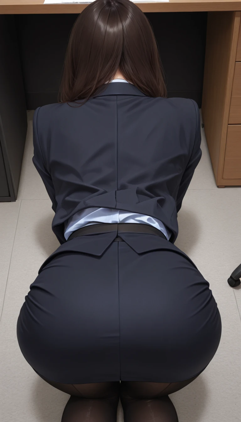 (straight back view), (birds eye perspective), (view from above:1.3), view from above, masutepiece, Photorealsitic, realisitic, ultra-detailliert, 1人の女性, Beautiful woman at 33 years old, Details of face, perfect face, (looking at viewer) Seductive, Gray sports bra, medium-sized buttocks, butt sticks out, huge heavy Breast, big breasts thin waist, wide hips, tight formal pants, Library, Bob Hair, Toned body, erect body, View from behind, bending over a desk, Seduce with a perfect ass, (uncensored anus:1.3)