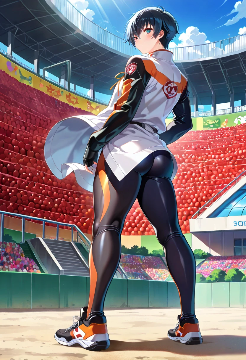 , view from behind,girl wearing tracksuit and legging,girl wearing hijab,girl smiling shyly, blushing,school sports field,(masterpiece:1.2、top-quality)、(the Extremely Detailed CG Unity 8K Wallpapers、ultra-detailliert、Best Shadows)、(细致背景)、(The best lighting、extremely delicate and beautiful)、depth of fields、1girl in、独奏 ,Women,((((Girl is embarassed when she farting)))),(profile facing diagonally))))),(()),((embarassing look)),((massive fart))