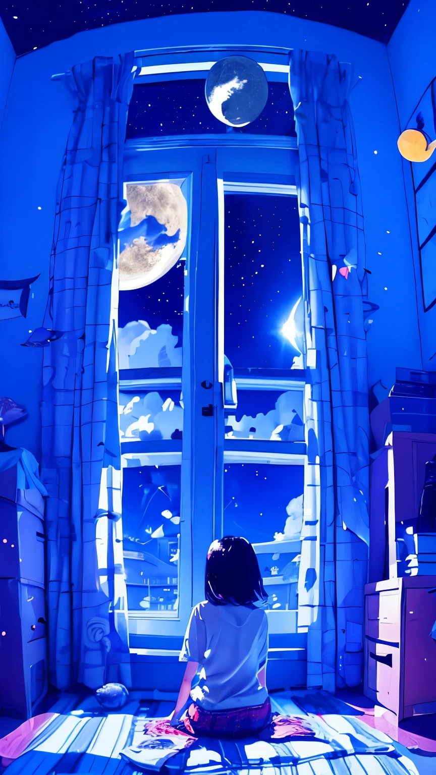 summer night、Rear View of a Pretty Girl Staring at the Milky Way、Dreaming Alone Girl、Majestic Milky Way and Clear Starry Sky、Night Clouds Illuminated by the Moon