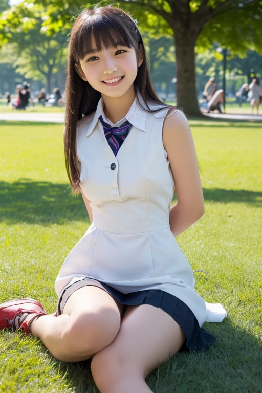 Pure Japanese school girl, sexual attractive, outstanding body, beautiful legs, wearing uniform, panty, sweet smile, sitting on bench, refreshing in early summer park, composition from the front,