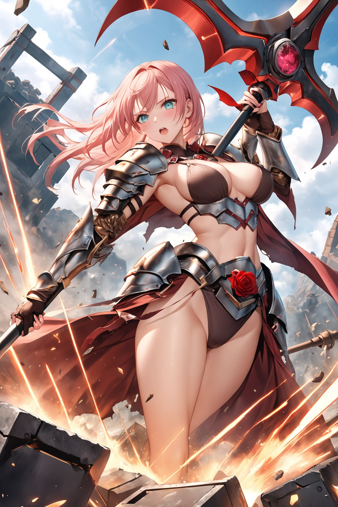 (masterpiece),(best quality:1.0), (ultra highres:1.0), detailed illustration, 8k, anime, 1girl, pretty pose, pretty face, detailed face, beautiful eyes, best quality,ultra-detailed,realistic,Final Fantasy 13 character (Lightning Farron) in (metal bikini armor),sexy thick legs, large breasts, pink hair, dark red pleated short skirt ((FULL BODY VIEW))