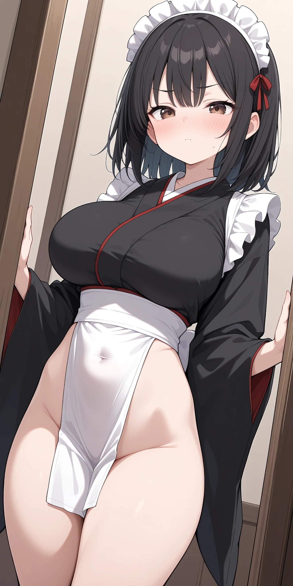 Glass, one girl, mature, standing, mouth open and tongue out, open, blush, lipstick, black kimono, fan vassal weapons, masterpiece, best quality, highly detailed, a anime girls in kimono dress with a sword posing for a picture, bare shoulder,open kimono, evil smile, open mouth, crop top , (nsfw) not safe for work, smile,
ecchi anime style, anime girls, ecchi style, ecchi, digital anime art!!, in anime style, official artwork, visual
novel cg, beautiful anime girl, anime style 4 k, kimono pencil skirt, exposed belly, exposed navel,
exposed midriff, exposed lower belly, outdoor, japanese architecture, temple