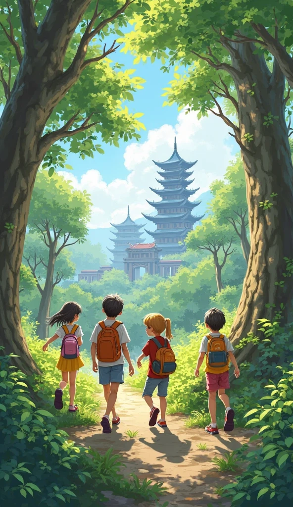 Kally: A 1 boy with tousled black hair, looking a bit nervous as he climbs the Great Wall. He's still in his rugged explorer outfit with a backpack.
Emma: Kally’s sister, with long brown hair tied in a ponytail, confidently leading the way. She wears glasses and looks determined as she climbs.
Setting: Illustration of Kally and Emma pausing on the wall, looking startled as they hear a rustling sound. Kally has wide eyes, and Emma is peering into the bushes nearby. The scene is filled with greenery and ancient stones of the wall."