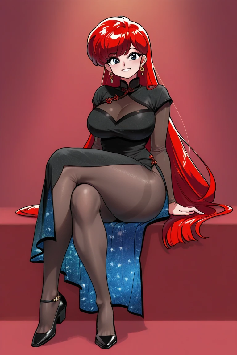 ((best quality)), ((highly detailed)), masterpiece, absurdres, (detailed eyes, deep eyes), (1girl), dynamic pose, cowboy shot, <lora:Girlfriendfnf:1>, red hair, very long hair, ahoge, black eyes, thigh gap, large breasts, smiling, red dress, short dress, sleeveless, thighs, high heels, red footwear, (outdoors, at a wild west town, midnight, night sky, stars, crescent moon, shooting star)