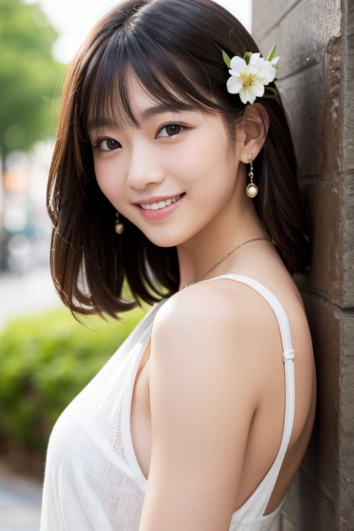 (((masterpiece))), 超A high resolution, realistic, ultra-detailliert, 8K,top-quality, Extremely detailed, Detailed background, (Two Japan Beautiful Girls, couple focus, classmates, Pure and innocent,kawaii) ,A slender,very beautiful japanese girl, Detailed face:1.3), (Boyish short-haired,A dark-haired :1.4), (a baby face,kawaii系,adorable 14 year old), (Perfect body:1.1), White dress, Please show me your beautiful teeth,Bursting smile, beautiful off shoulder clavicle、White hair scrunchie,Super Detailed Face、detailed lips、A detailed eye、small gravure idol,Transparent skin