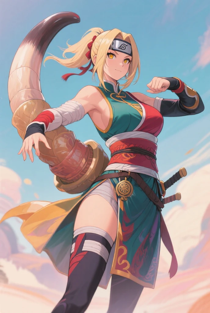 elf,ponytail,blonde hair,monk,leggings,white short sweater,fantasy,medieval,brown gloves,punch,1girl,solo,scarf,big breast,lady,close eyes,muscular,ladyboy,bar,smile,kind,sexy,muscle,knuckle,older sister