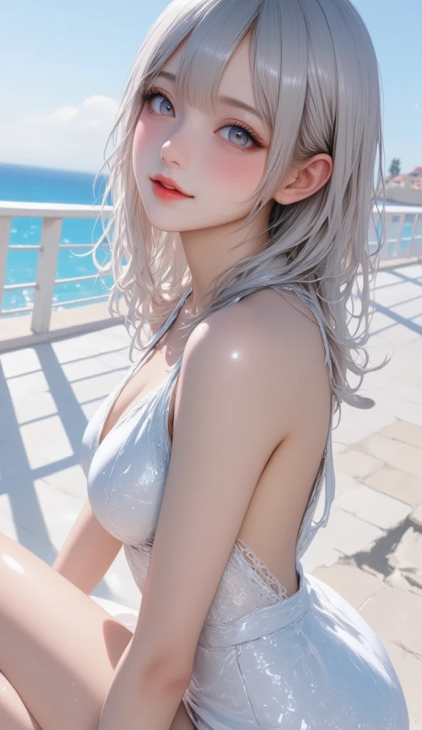 Silver Hair、smile、Cute face、nude、sunset、Beach、gravure