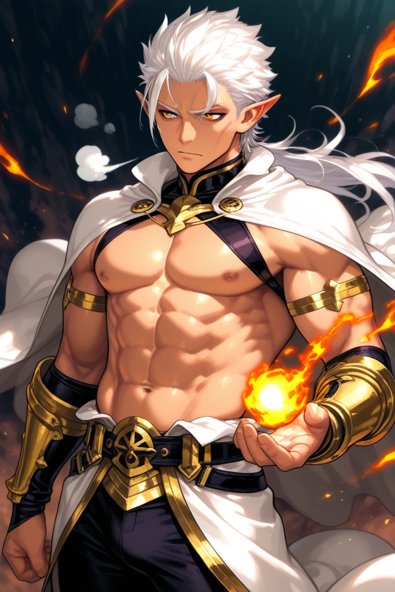 (masterpiece: 1.2), (very detailed: 1.2), (perfectly detailed), (very detailed and beautiful: 1.1) solo, 1 boy, male only, Michelangelo style, muscular male, naked, white hair, golden eyes, rich colors, straps on the body, dynamic pose, very short haircut, thick stubble, has thick stubble, body hair, action scene, detailed face, at full height, a priest, uses the attributes of priests, a miracle has happened, golden elements, the magic of holiness,