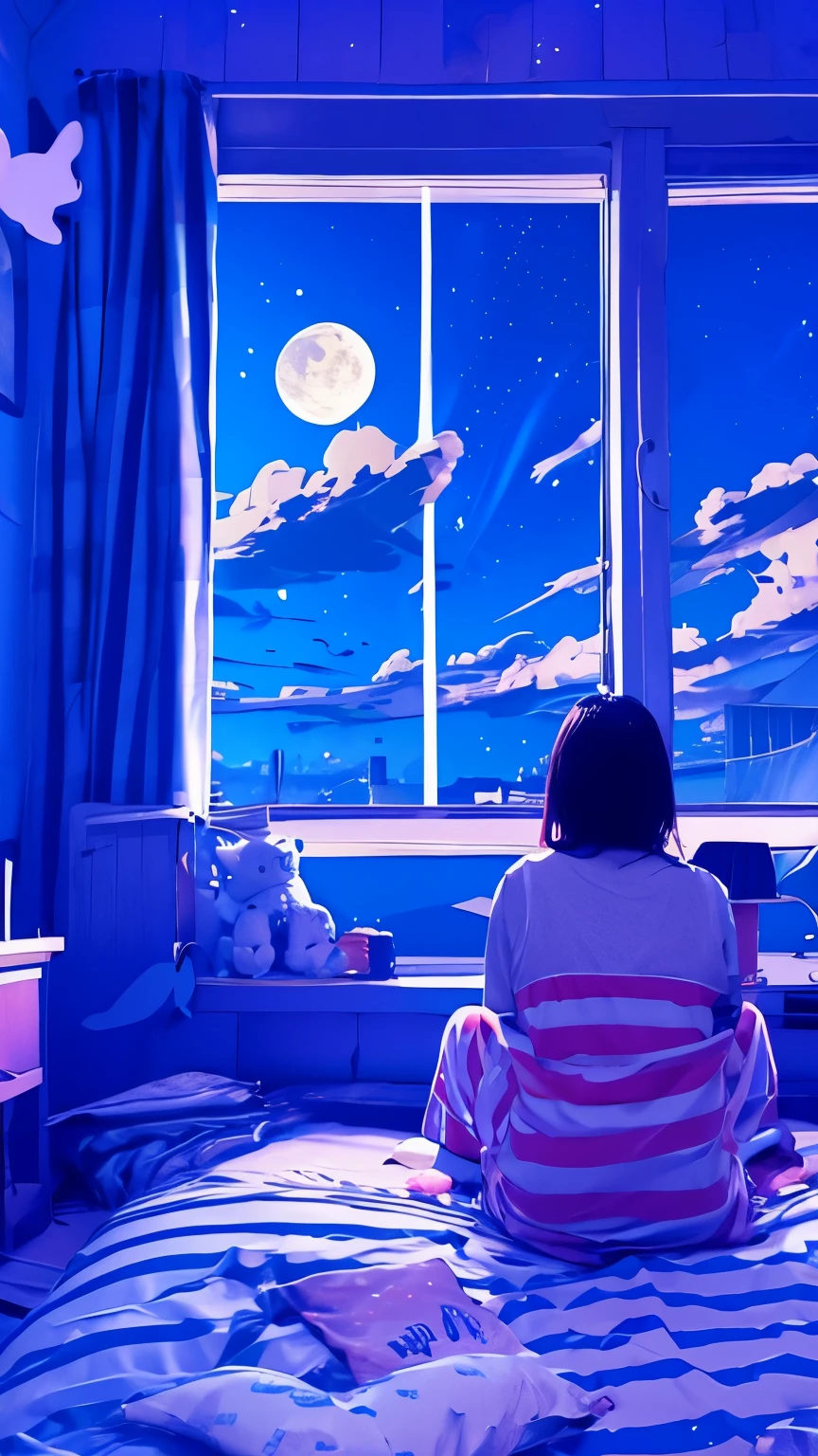 summer night、Rear View of a Pretty Girl Staring at the Milky Way、Dreaming Alone Girl、Majestic Milky Way and Clear Starry Sky、Night Clouds Illuminated by the Moon