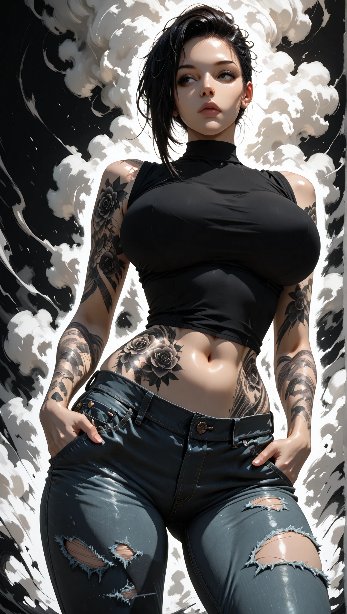 (best quality, masterpiece:1.2), front view, a beautiful woman with a full body tattoo, looking at viewer, perfect body, wide hips, big breasts, anime style, simple lines, nude, exposed nippels