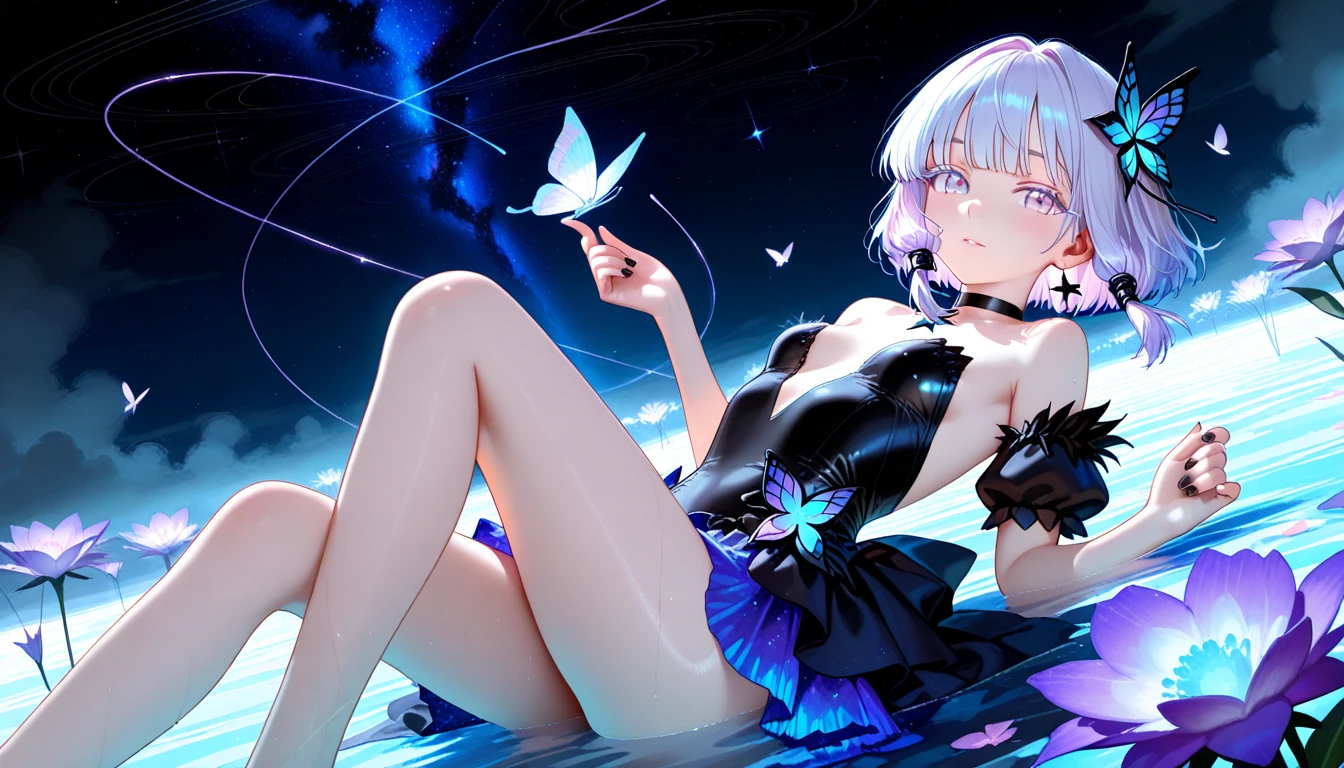 (8K, best quality, master piece: 1.5),super high resolution, One girl, solo, full body, low angle, junior high school student, ultra-detailed face, detailed eyes, rainbow colored iris, cyan eyes, drill hair, Silver gray hair, blunt bangs, hairclip, orgasm face, pale skin, Medium chest, Indigo off-shoulder, show off panties, bare legs, anklet, garden,