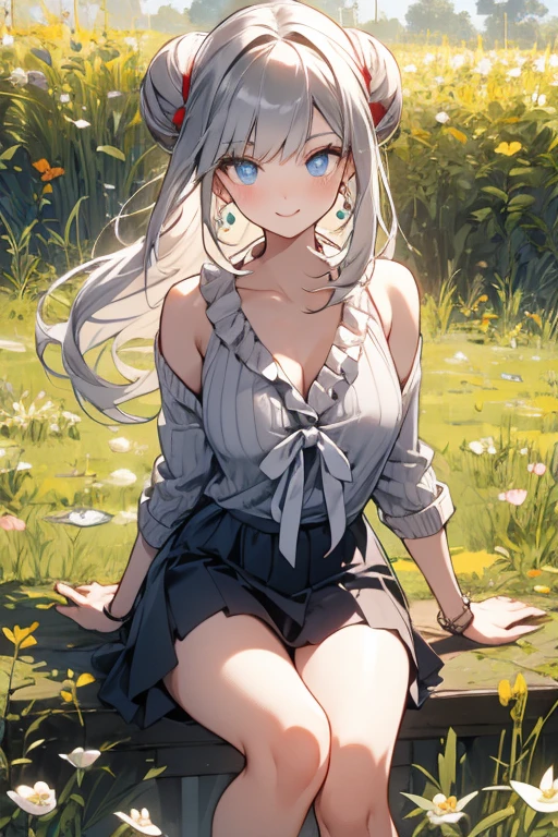 Masterpiece,Best quality,offcial art,Extremely detailed Cg Unity 8K wallpaper,1girll, ultra high resolution, (Photorealistic:1.4),Lower lens， 1girll， perfect hand，delicated，Chest moles，beautifullegs，Absolute realm，White color hair，Sweaters，long sweater，Tight sweater，Cover your hips，cleavage，Bright，grassy fields,（Very small nose，Cancel the nostrils，Cancel the nose），Delicate faces，ssmile，eyeline，Lower perspective,detailed eyes, detailed face, detailed hands